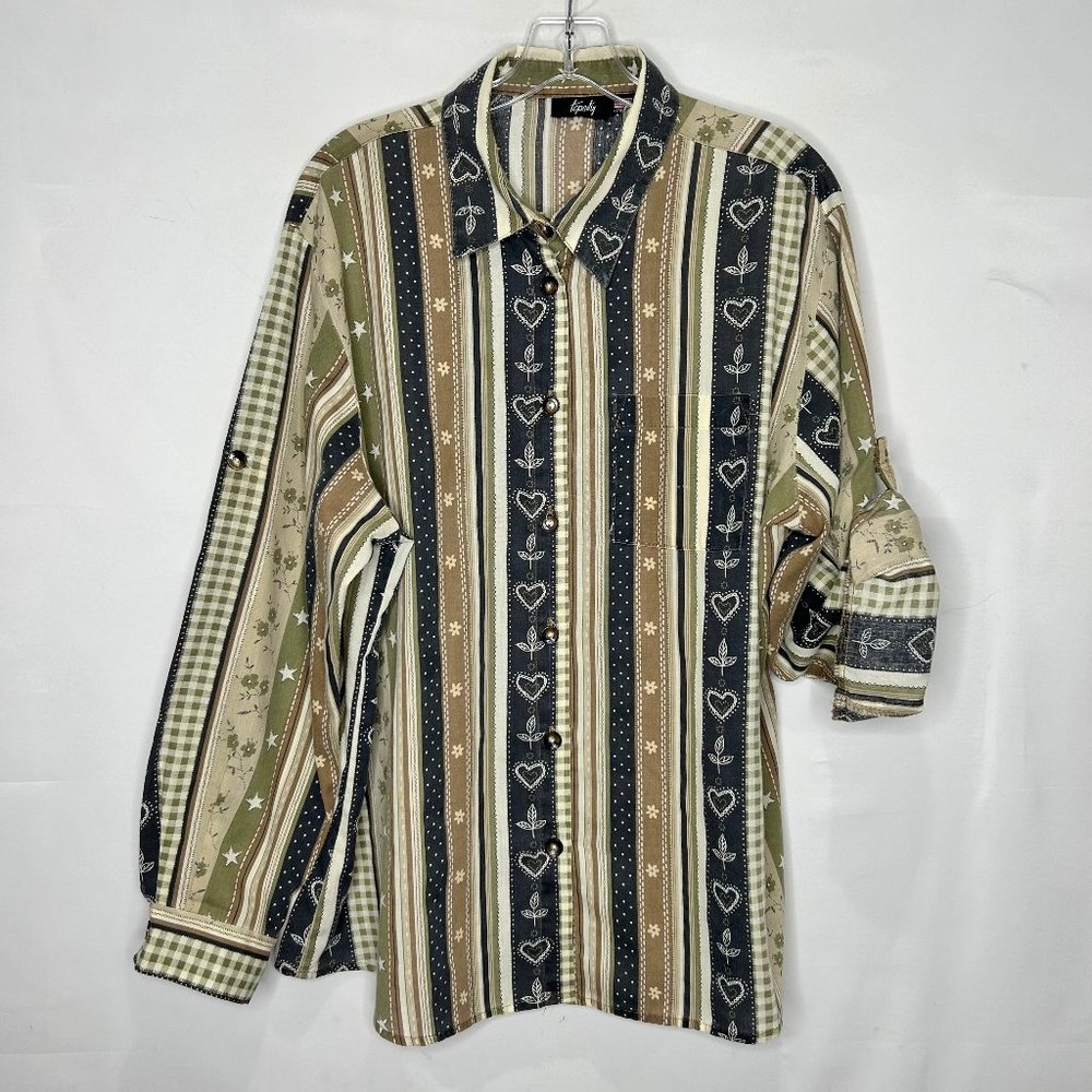 Tapestry Woman’s Blouse XL Farmhouse Look Hearts Beige Green Black Tab Sleeves